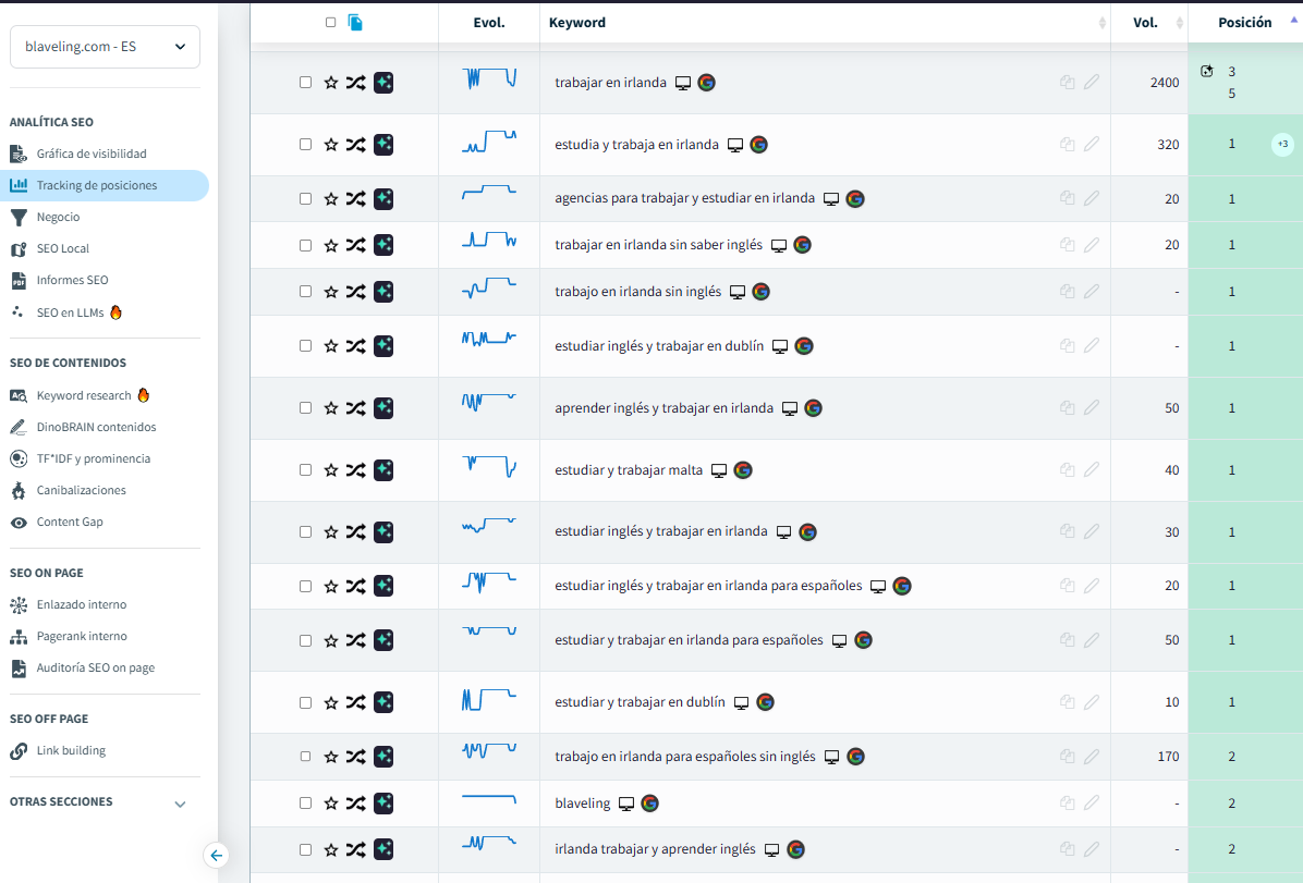 Posiciones en Google del proyecto Blaveling
